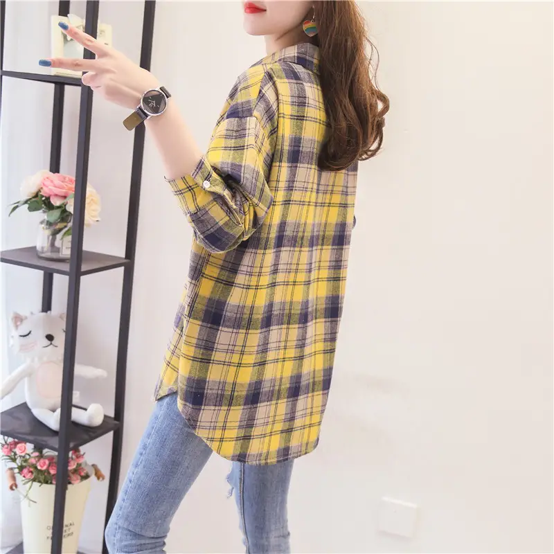 Women Plaid Korean Style Shirt Large Mid Length - Image 11