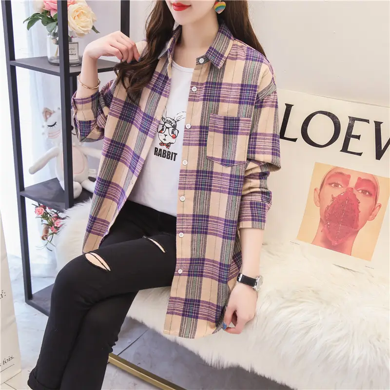 Women Plaid Korean Style Shirt Large Mid Length - Image 12