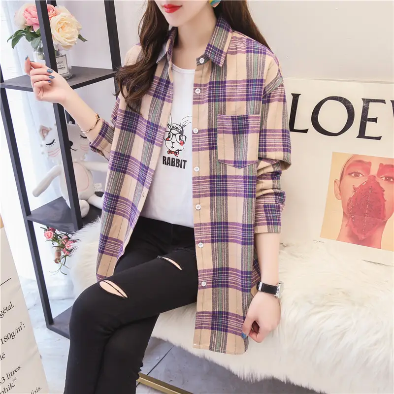 Women Plaid Korean Style Shirt Large Mid Length - Image 13