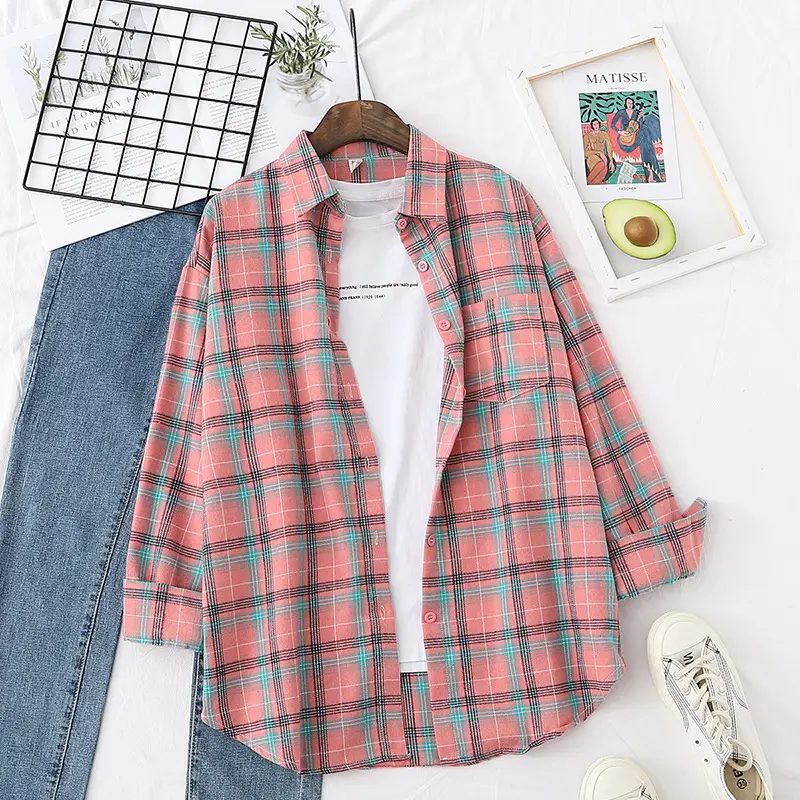 Women Plaid Korean Style Shirt Large Mid Length - Image 4