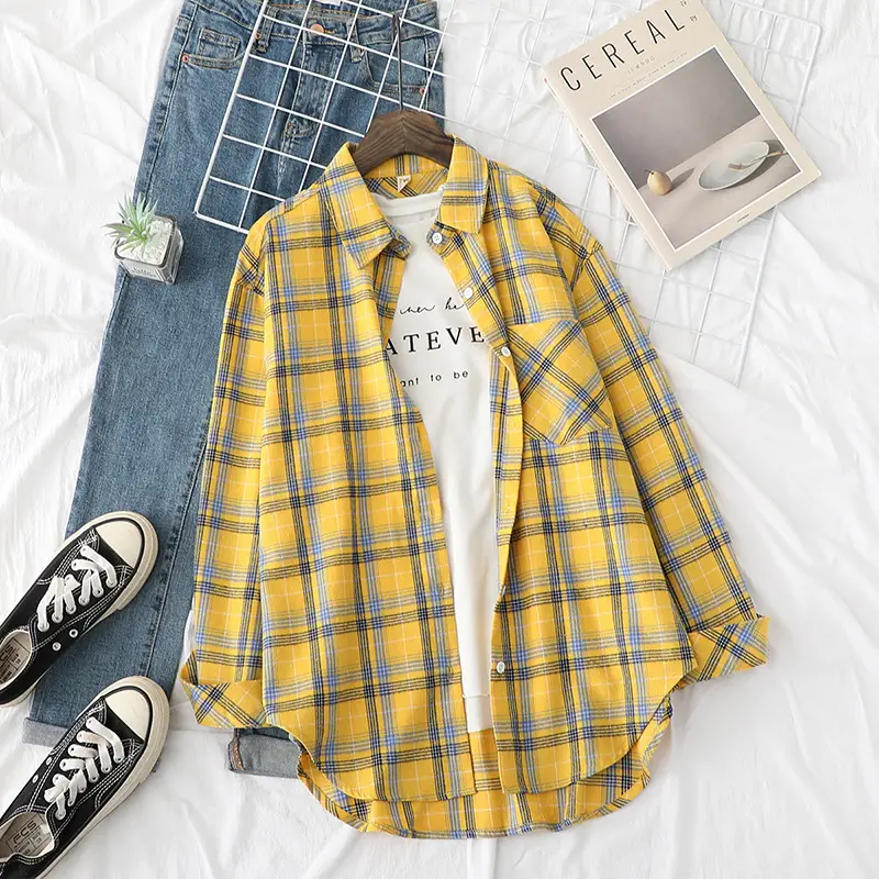 Women Plaid Korean Style Shirt Large Mid Length - Image 7