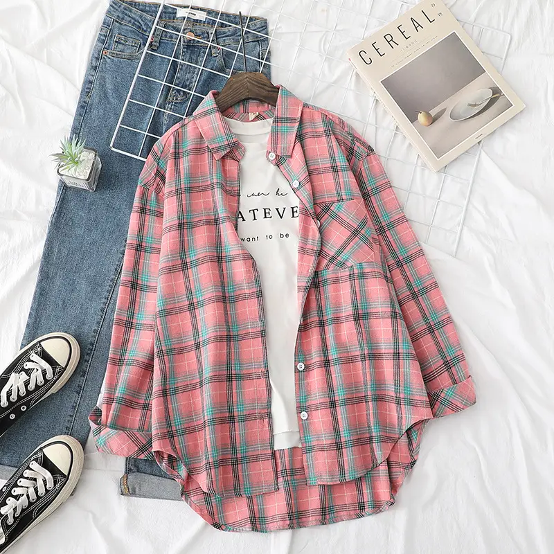 Women Plaid Korean Style Shirt Large Mid Length - Image 8