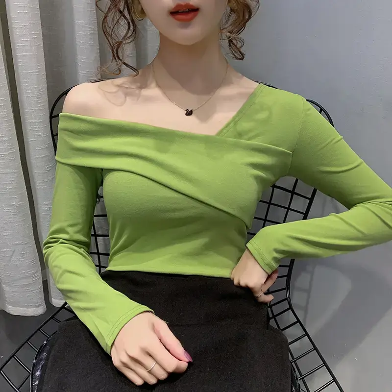 Women's Green Shoulder Top T-Shirt Long Sleeve - Image 6