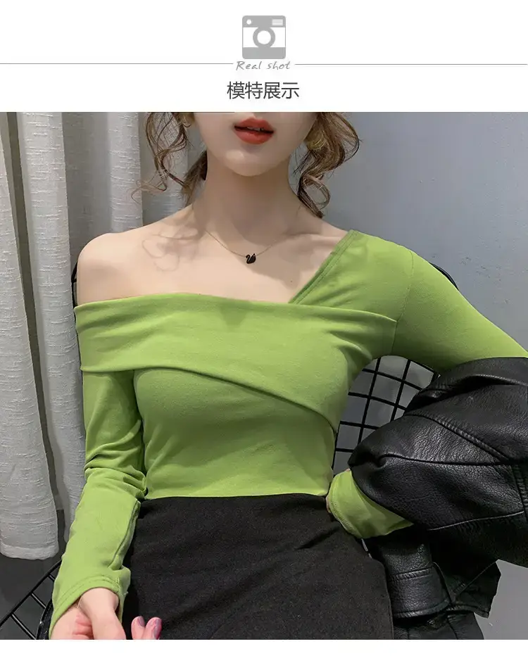 Women's Green Shoulder Top T-Shirt Long Sleeve — feature 8