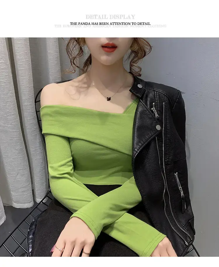 Women's Green Shoulder Top T-Shirt Long Sleeve — feature 9