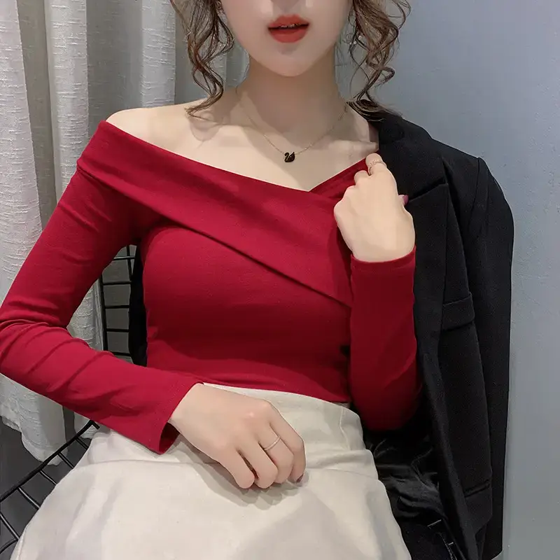 Women's Green Shoulder Top T-Shirt Long Sleeve - Image 4