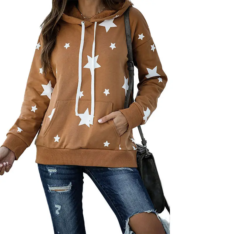 Women Star Print Hoodie Maroon Long Sleeve