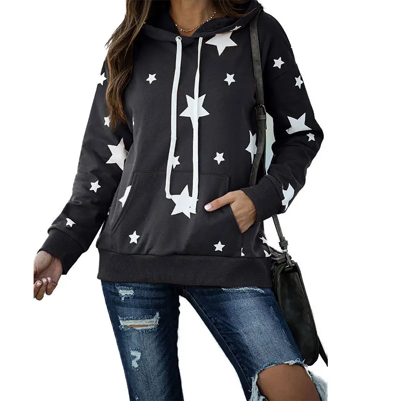 Women Star Print Hoodie Maroon Long Sleeve