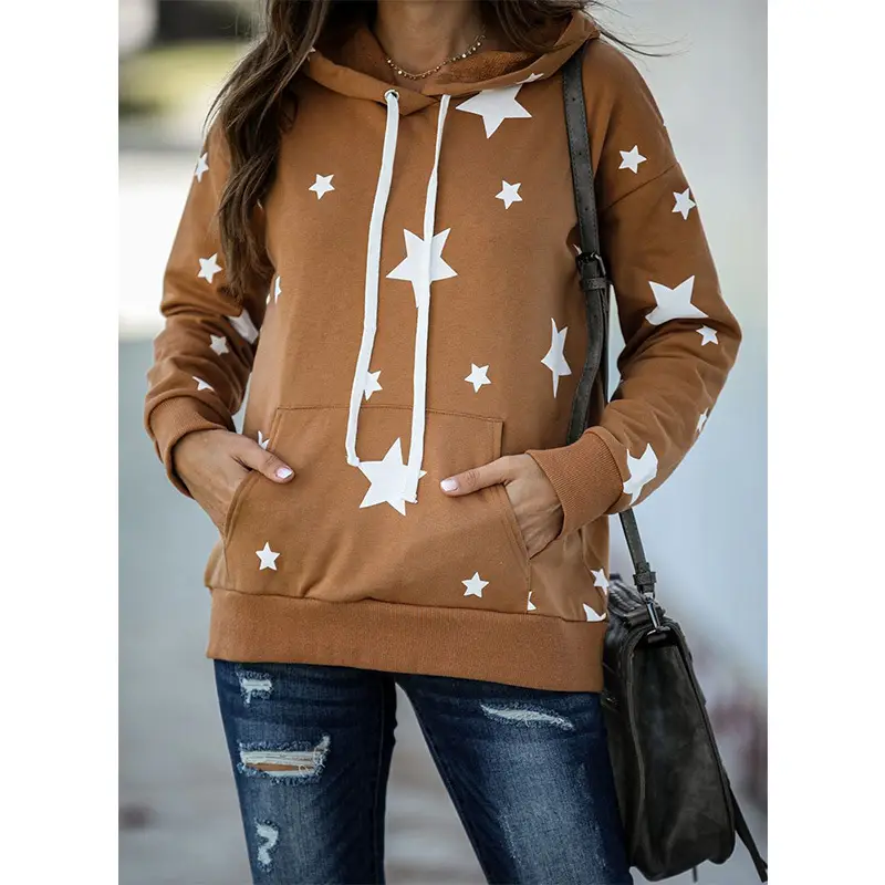Women Star Print Hoodie Maroon Long Sleeve