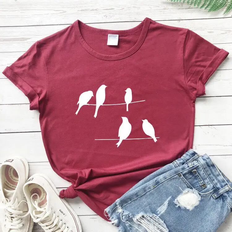 Maroon T-Shirt with Birds Print Short Sleeve - Image 6