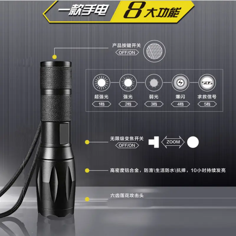 Rechargeable Retractable Zoom T6 Light for Students & Outdoor Use