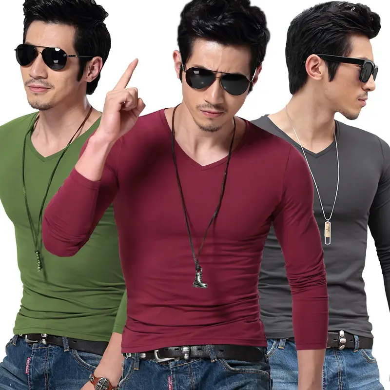 Men V-Neck Long Sleeve White T-Shirt - Image 13