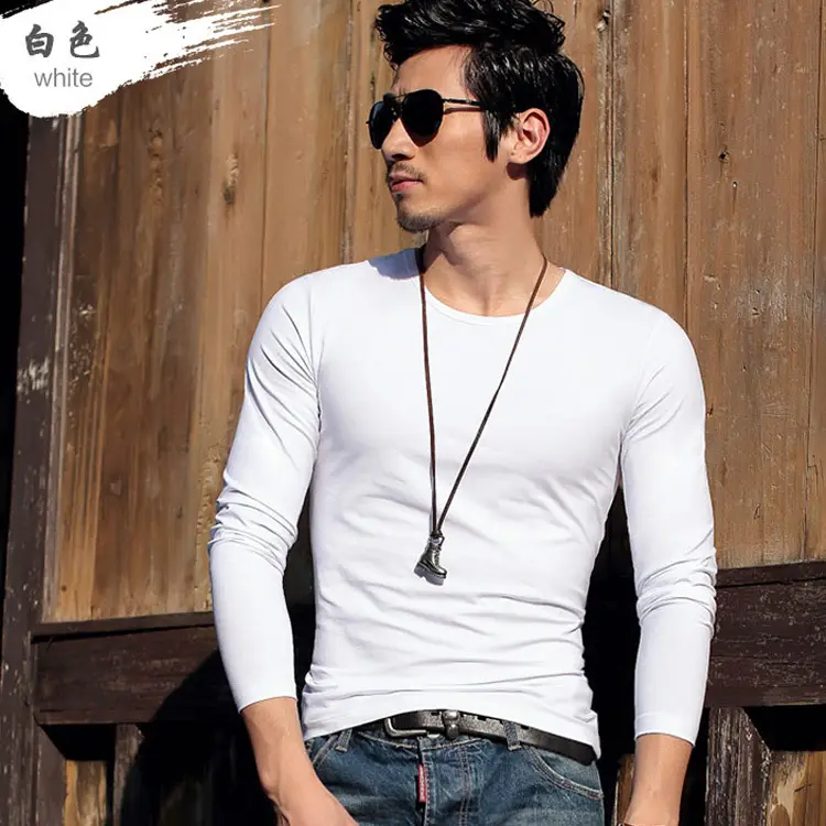Men V-Neck Long Sleeve White T-Shirt - Image 14