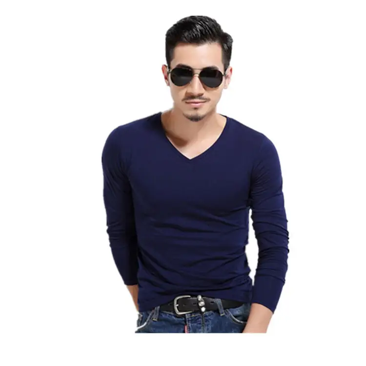 Men V-Neck Long Sleeve White T-Shirt - Image 17