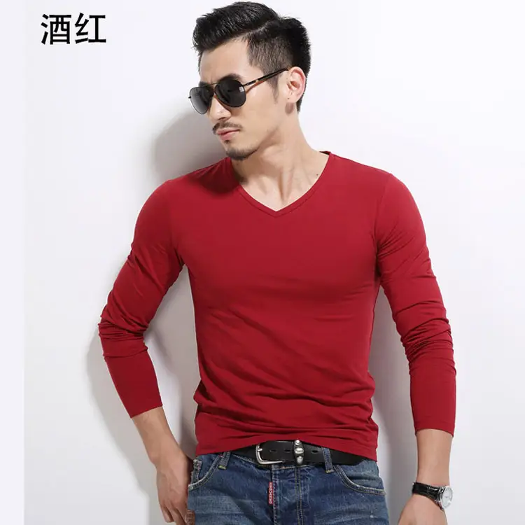 Men V-Neck Long Sleeve White T-Shirt - Image 10