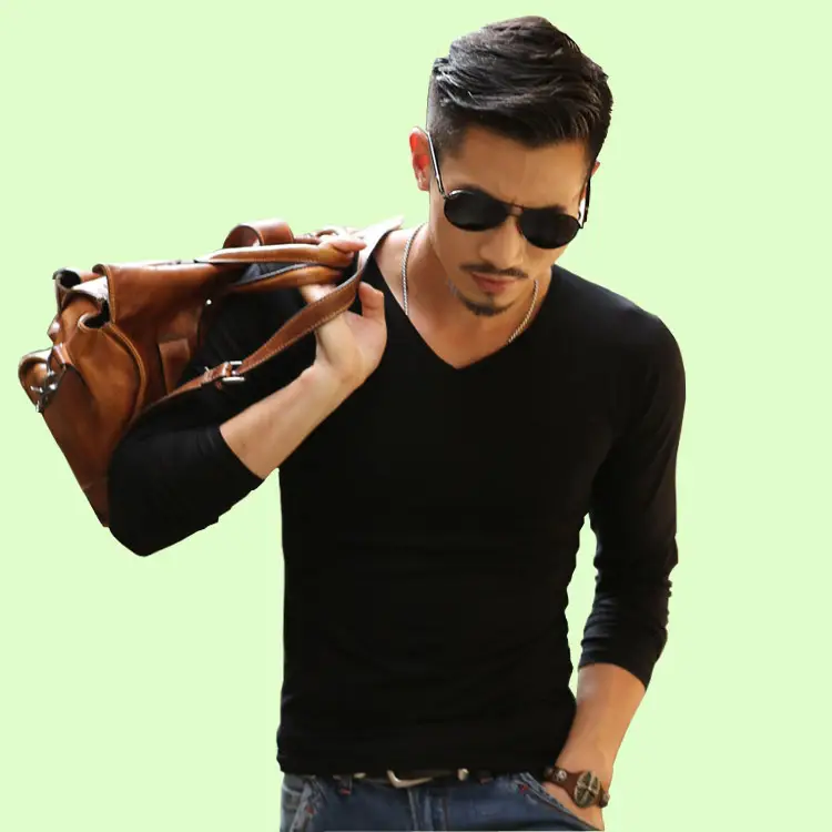 Men V-Neck Long Sleeve White T-Shirt - Image 8