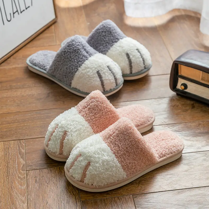 New Cotton Slippers for Women Home Cartoon Cute Cat Claw Plush Shoes for Couple Warm Indoor Soft Slippers for Men