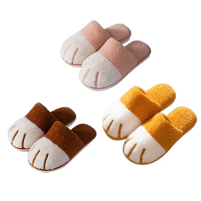 New Cotton Slippers for Women Home Cartoon Cute Cat Claw Plush Shoes for Couple Warm Indoor Soft Slippers for Men