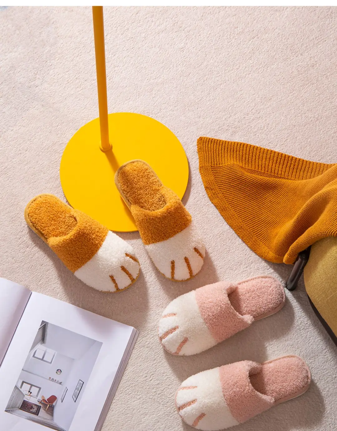 New Cotton Slippers for Women Home Cartoon Cute Cat Claw Plush Shoes for Couple Warm Indoor Soft Slippers for Men — feature 19