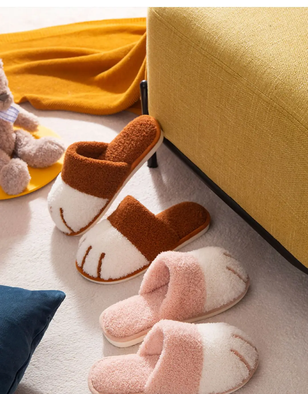 New Cotton Slippers for Women Home Cartoon Cute Cat Claw Plush Shoes for Couple Warm Indoor Soft Slippers for Men — feature 22