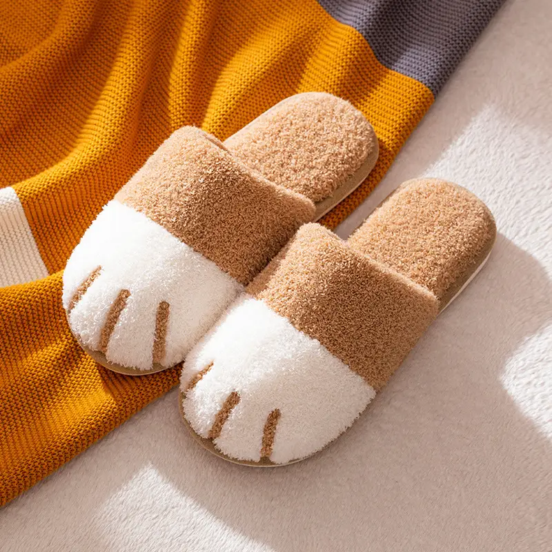 New Cotton Slippers for Women Home Cartoon Cute Cat Claw Plush Shoes for Couple Warm Indoor Soft Slippers for Men