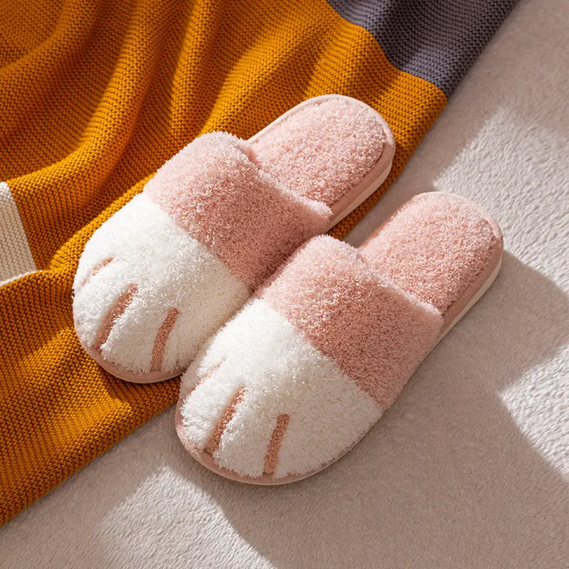New Cotton Slippers for Women Home Cartoon Cute Cat Claw Plush Shoes for Couple Warm Indoor Soft Slippers for Men
