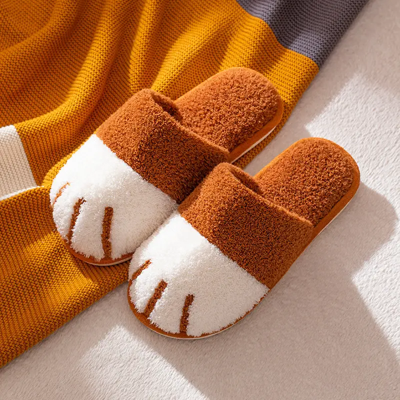 New Cotton Slippers for Women Home Cartoon Cute Cat Claw Plush Shoes for Couple Warm Indoor Soft Slippers for Men