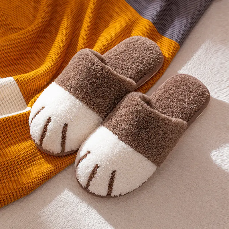 New Cotton Slippers for Women Home Cartoon Cute Cat Claw Plush Shoes for Couple Warm Indoor Soft Slippers for Men