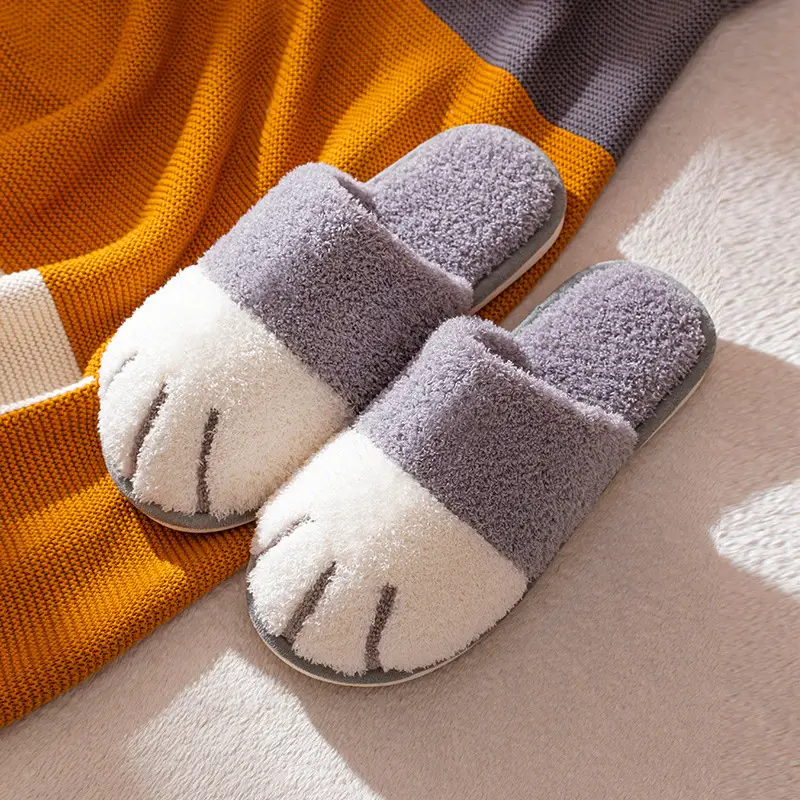 New Cotton Slippers for Women Home Cartoon Cute Cat Claw Plush Shoes for Couple Warm Indoor Soft Slippers for Men