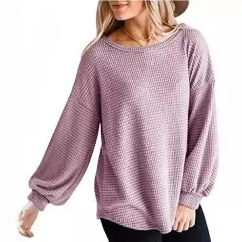 Plus Size Waffle Knit Long Sleeve Shirt Lavender - Image 10