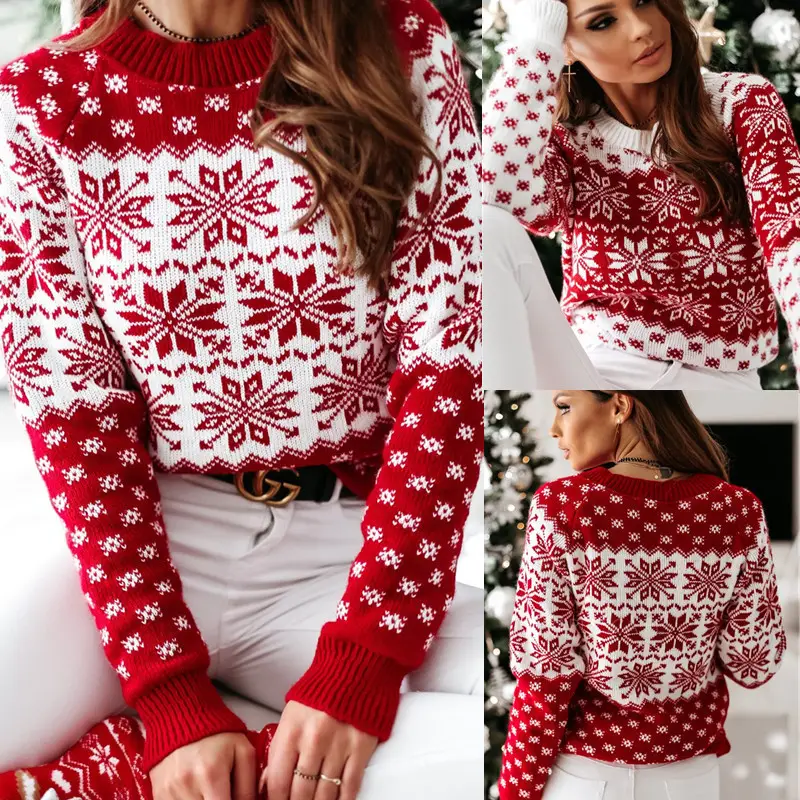 2025 Knitted Snowflake Long Sleeve Sweater Red White - Image 4
