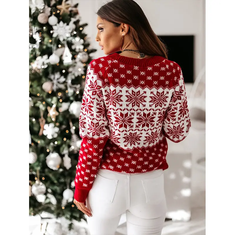 2025 Knitted Snowflake Long Sleeve Sweater Red White - Image 6