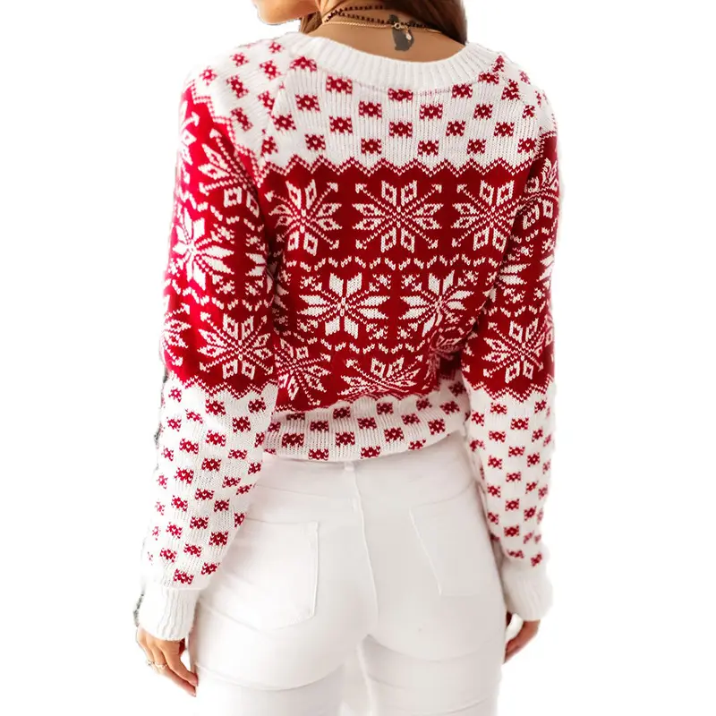 2025 Knitted Snowflake Long Sleeve Sweater Red White - Image 7