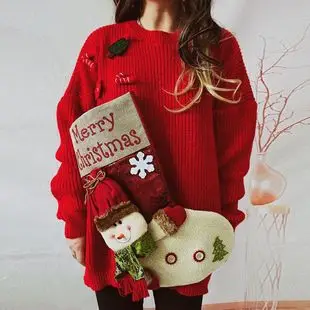 2025 Knitted Snowflake Long Sleeve Sweater Red White — feature 10