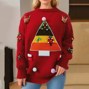 2025 Knitted Snowflake Long Sleeve Sweater Red White — feature 11