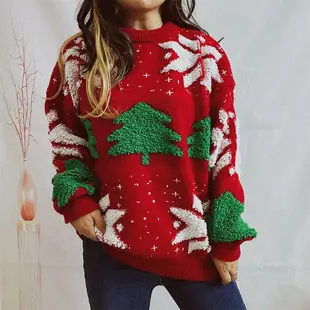 2025 Knitted Snowflake Long Sleeve Sweater Red White — feature 13