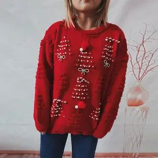 2025 Knitted Snowflake Long Sleeve Sweater Red White — feature 14
