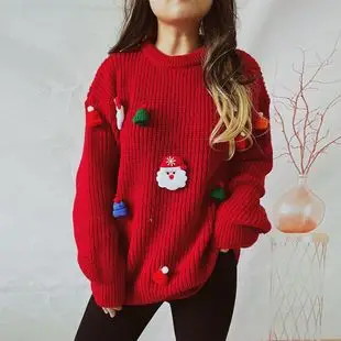 2025 Knitted Snowflake Long Sleeve Sweater Red White — feature 15
