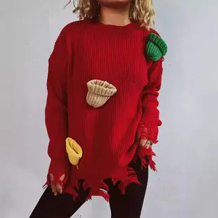 2025 Knitted Snowflake Long Sleeve Sweater Red White — feature 17