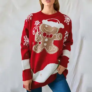 2025 Knitted Snowflake Long Sleeve Sweater Red White — feature 5