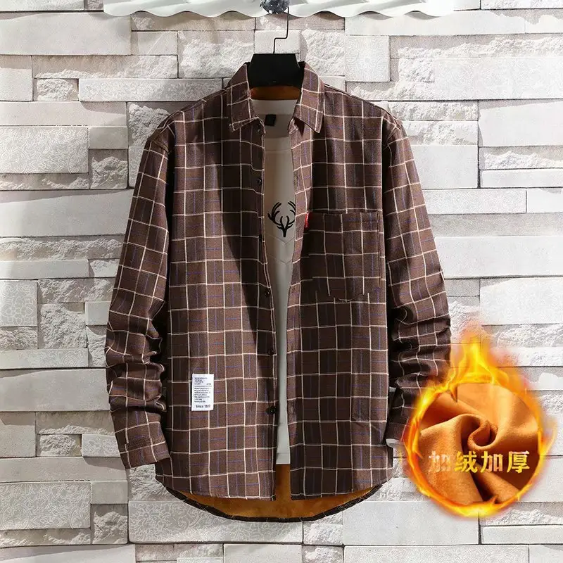 Men Plaid Fleece Jacket Large Brown Black Check - Image 7