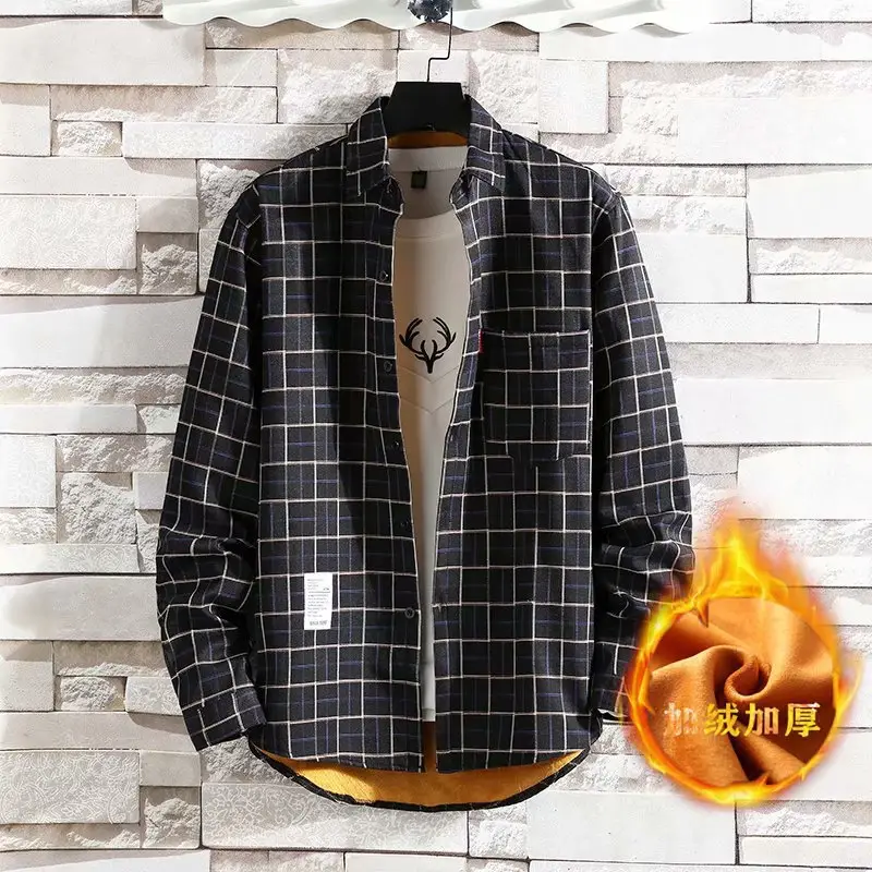 Men's Plaid Fleece Lined Autumn Coat Long Sleeve Warm - Image 4