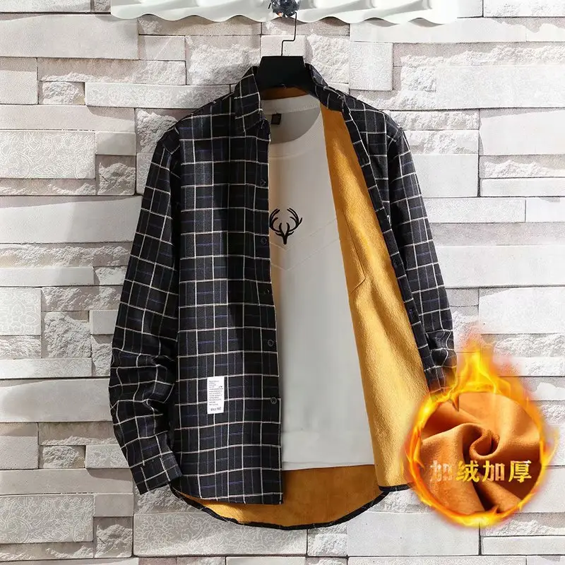 Men's Plaid Fleece Lined Autumn Coat Long Sleeve Warm - Image 6