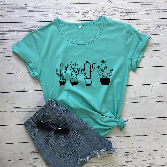 White T-Shirt with Flower Cactus Print - Image 12
