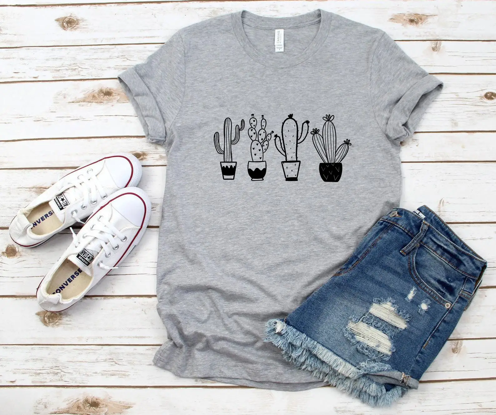 White T-Shirt with Flower Cactus Print - Image 3