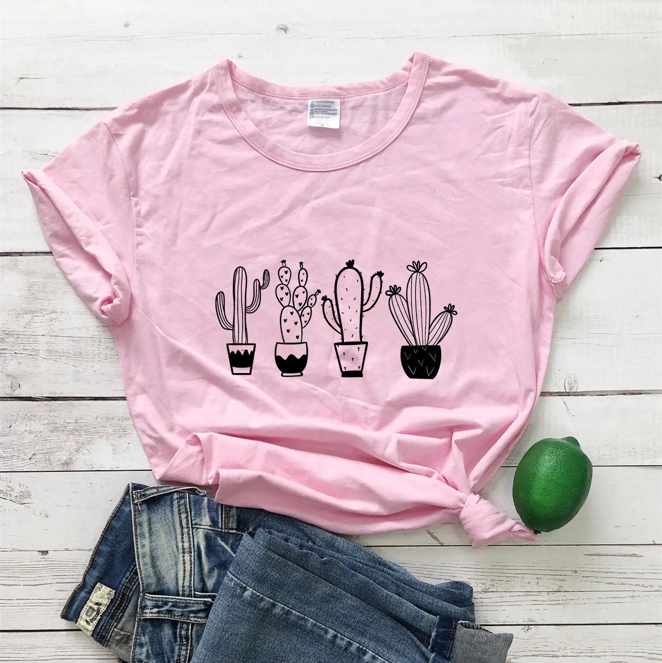 White T-Shirt with Flower Cactus Print - Image 9