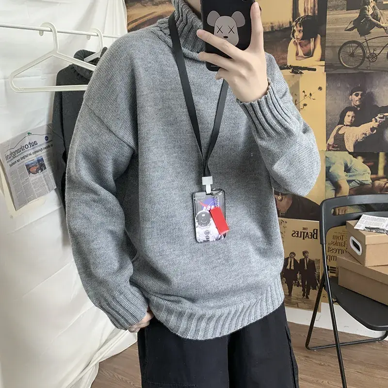 Men Black Turtleneck Sweater Autumn Winter Loose Fit - Image 6