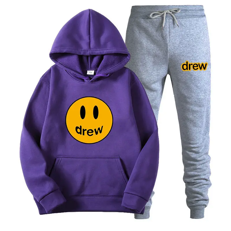 Justin Bieber Smiley Hoodie & Pants Set Purple Grey