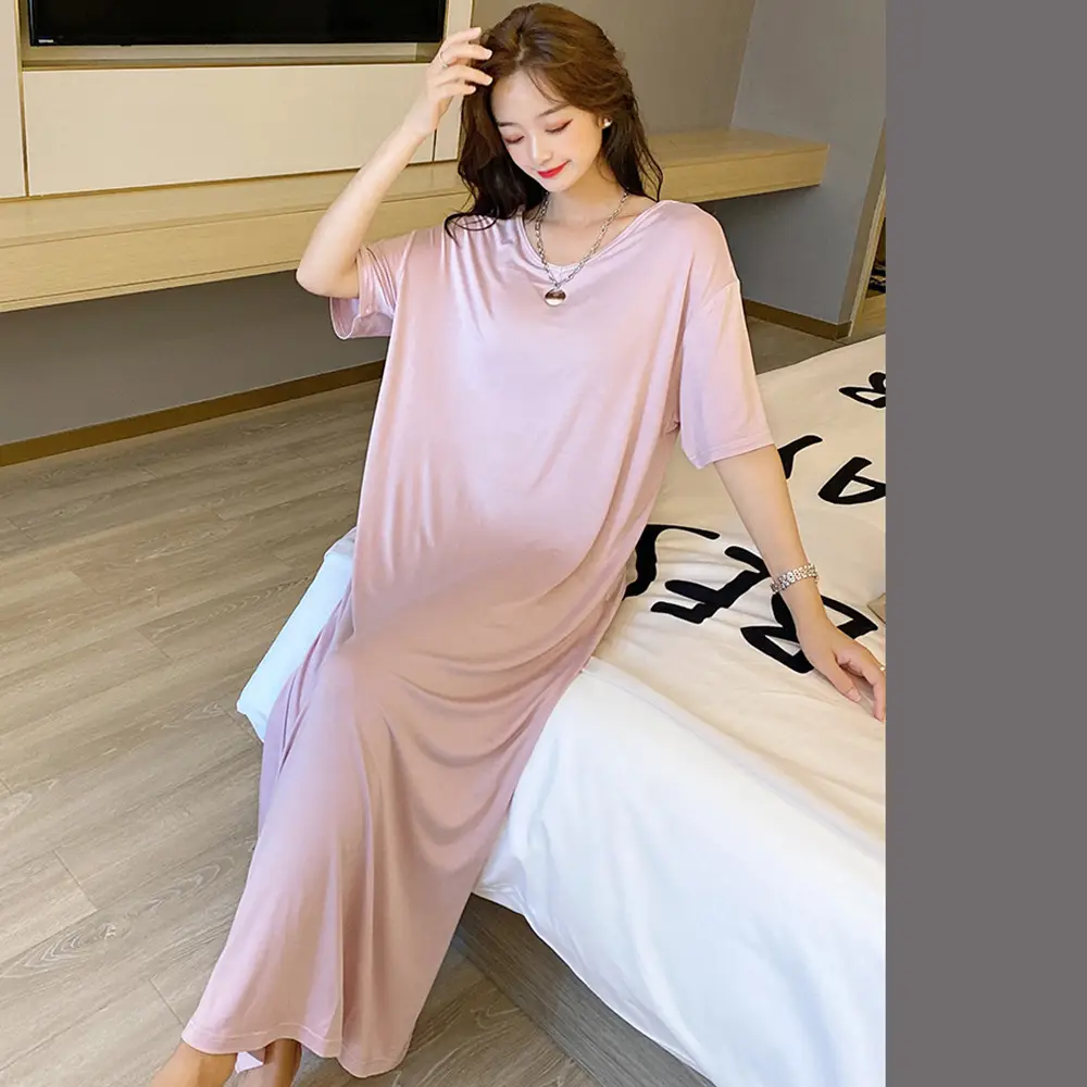 Plus Size V-Neck Pajama Dress Light Pink Loose Fit