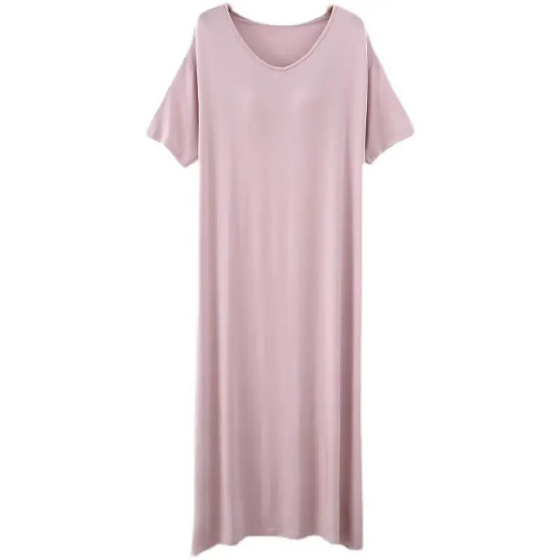 Plus Size V-Neck Pajama Dress Light Pink Loose Fit